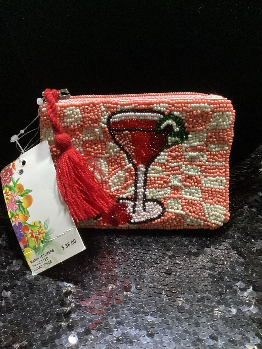 Beaded Cocktail Pouch Wallet with Red Tassel